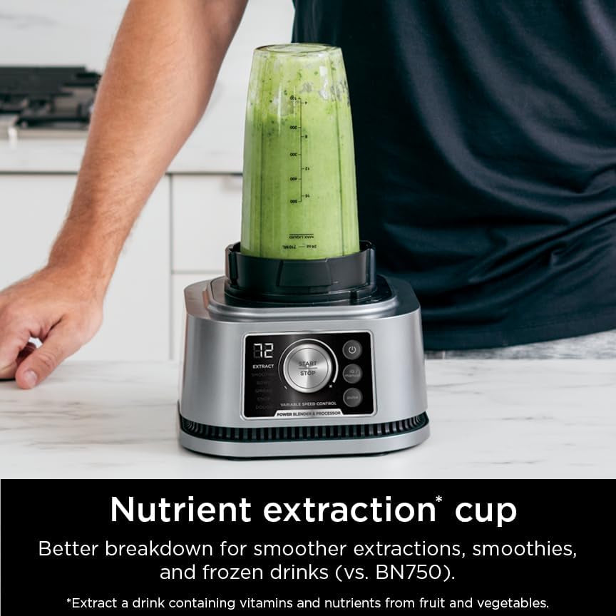 Ninja SS351 Foodi Power Blender & Processor System 1400 WP Smoothie Bowl Maker & Nutrient Extractor* 6 Functions for Bowls, Spreads, Dough & More, Smarttorque, 72-Oz.** Pitcher & To-Go Cups, Silver