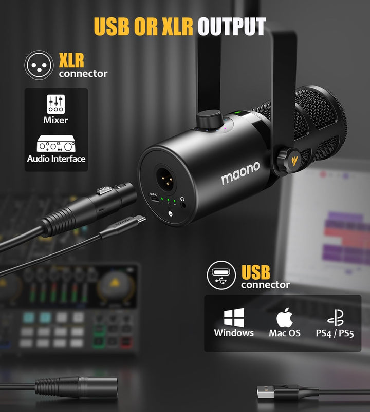 MAONO Dynamic Microphone, USB/XLR Podcast PC Microphone with Software, Eq,Tap-To-Mute, Headphone Jack, Gain Knob & Volume Control, Studio Mic for Broadcast, Recording, Streaming & Gaming (PD400X)