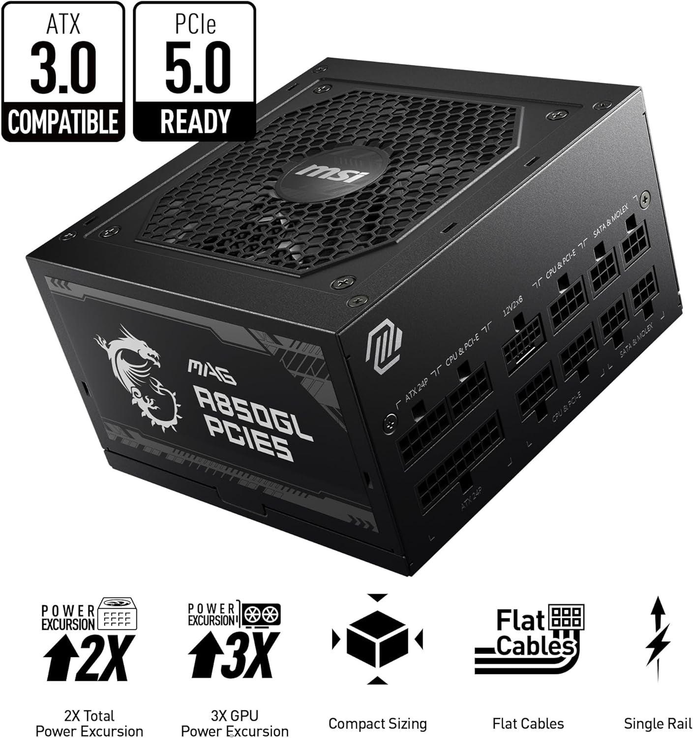 MSI MAG A850GL PCIE 5 & ATX 3.0 Gaming Power Supply - Full Modular - 80 plus Gold Certified 850W - Compact Size - ATX PSU - 10 Year Warranty