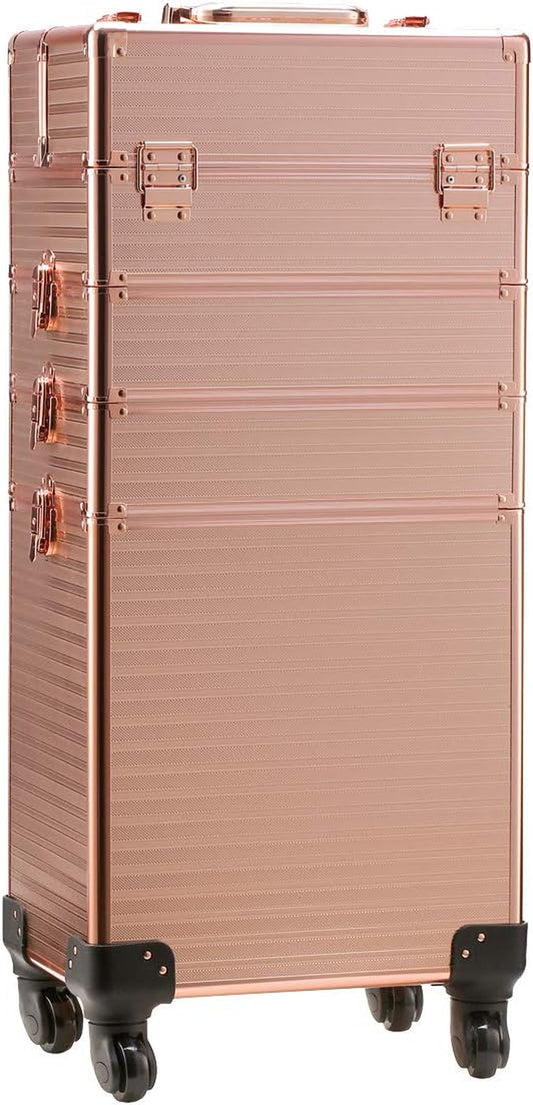 Channcase 4 in 1 Portable Traveling Aluminum Professional Makeup Trolley Cart with Multiple-Sized Compartments and Wheels, Rose Gold