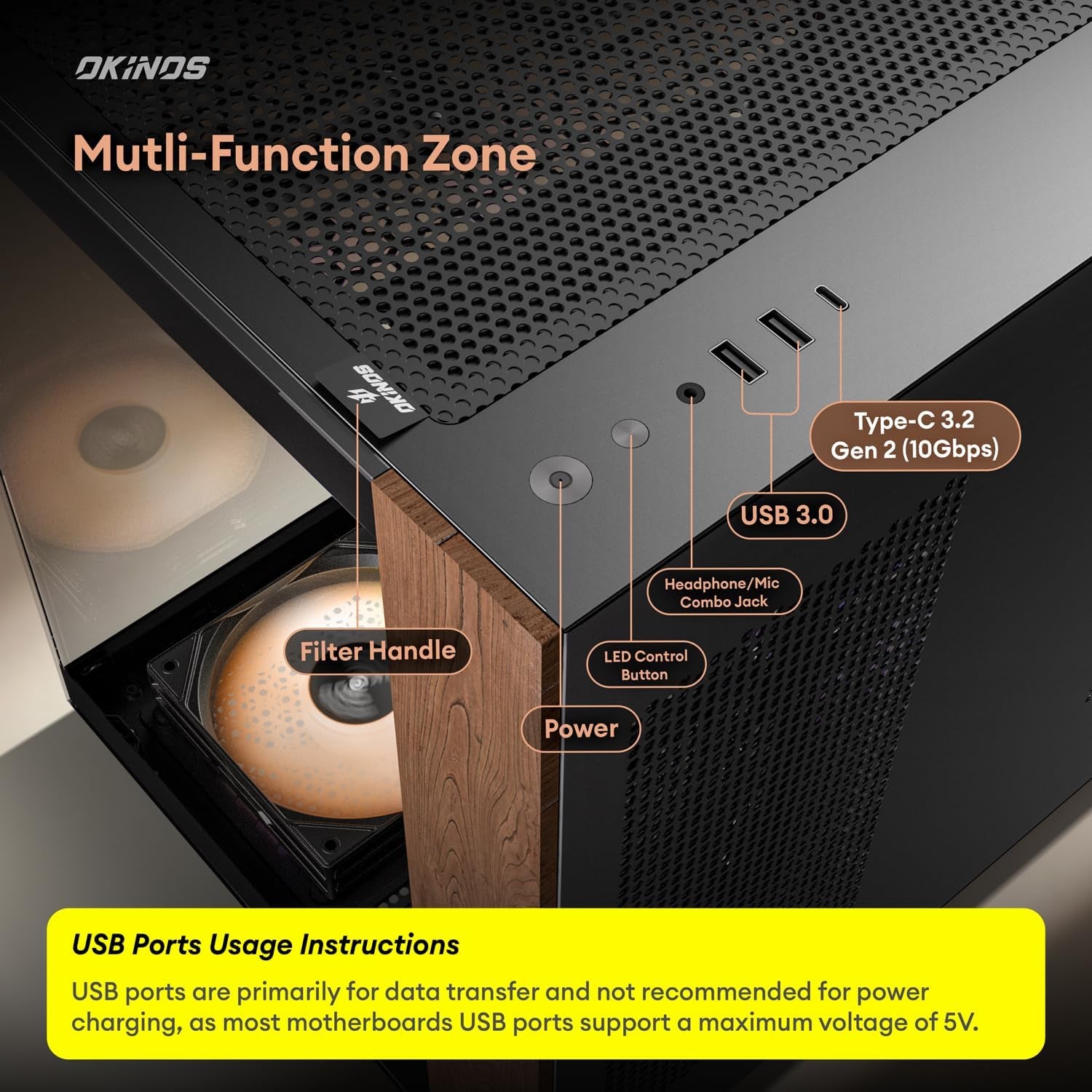 Genuine Walnut Wood PC Case, Pre-Installed 4 X 120Mm ARGB & PWM Fans, Type-C Port, Panoramic View Tempered Glass Side Panel, Black, ATX Case, Mid-Tower, Mirage 6