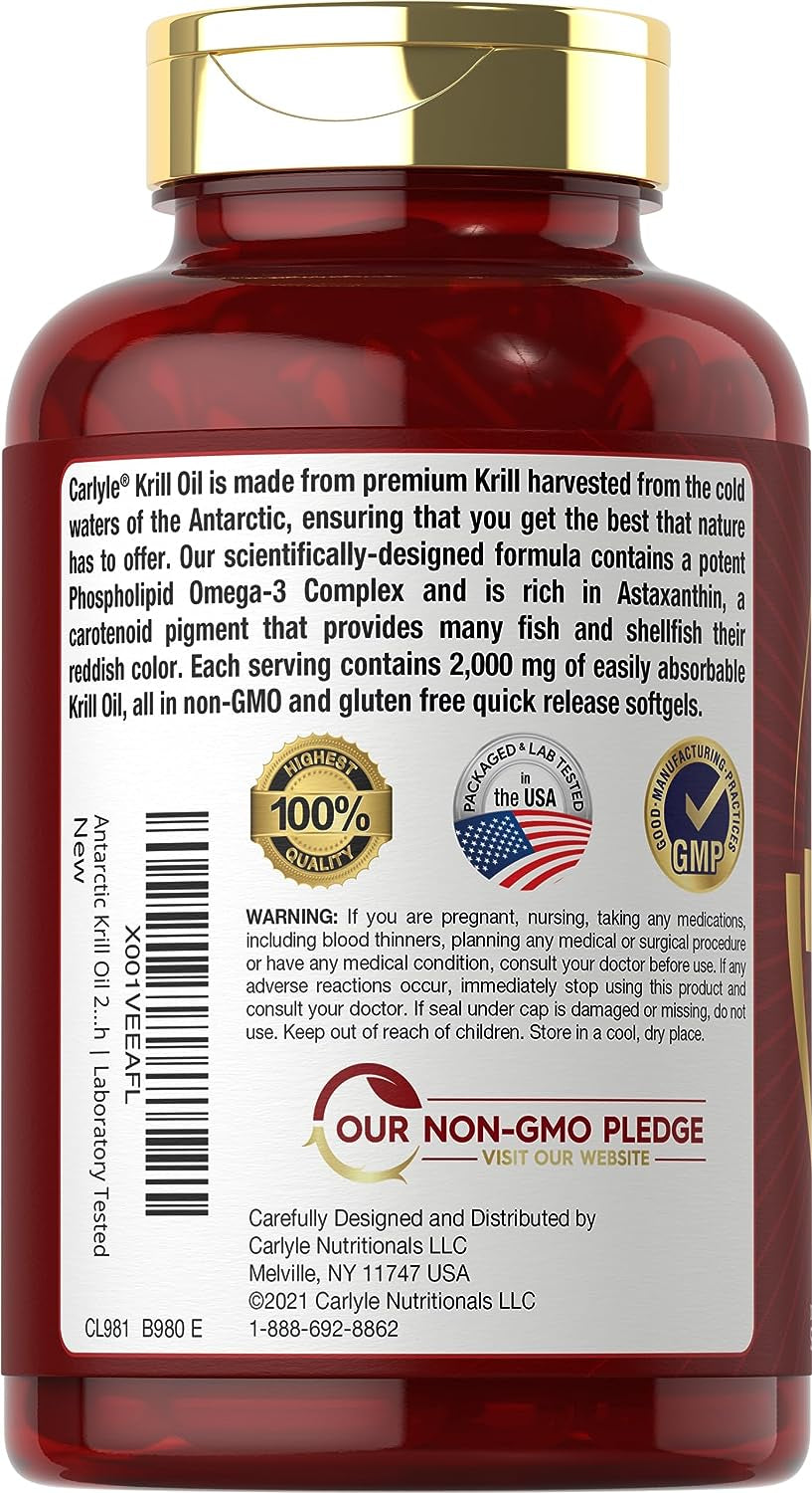 Carlyle Antarctic Krill Oil 2000 Mg 120 Softgels | Omega-3 EPA, DHA, with Astaxanthin Supplement Sourced from Red Krill | Maximum Strength | Laboratory Tested