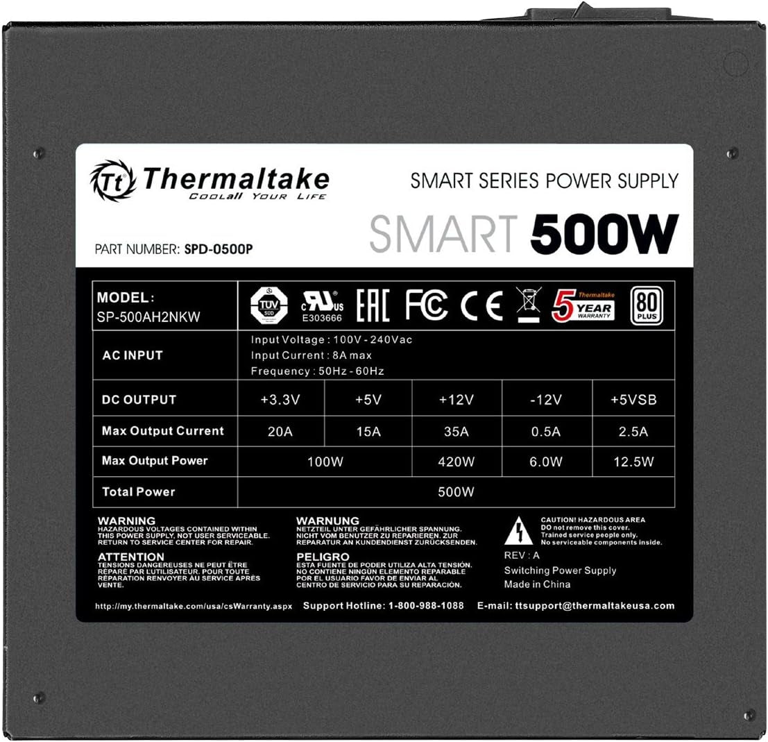 Thermaltake Smart 500W 80+ White Certified PSU, Continuous Power with 120Mm Ultra Quiet Cooling Fan, ATX 12V V2.3/EPS 12V Active PFC Power Supply PS-SPD-0500NPCWUS-W