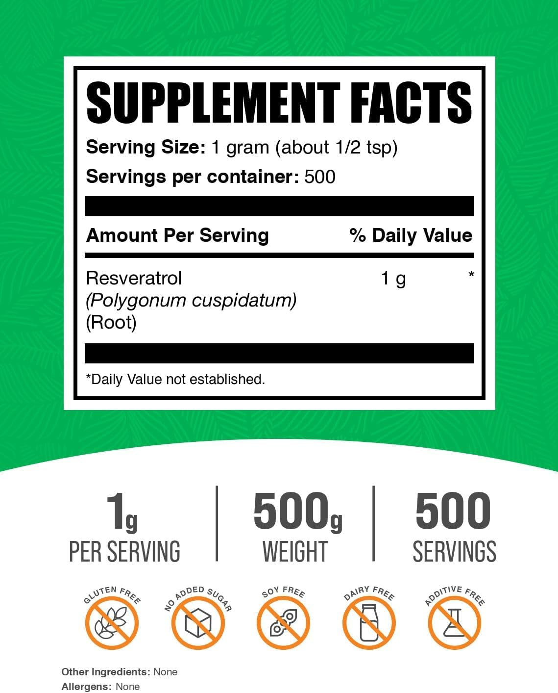 Bulksupplements.Com Resveratrol Powder - Resveratrol Supplement, Polygonum Cuspidatum, Resveratrol 1000Mg - Antioxidant & Gluten Free, 1000Mg per Serving, 500G (1.1 Lbs) (Pack of 1)