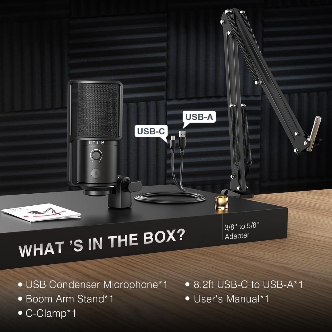 FIFINE USB Podcast Microphone, PC Computer Condenser Microphone Plug & Play Mic Kit with Boom Arm Stand, 16MM Large Diaphragm, Mute Button for Recording Singing Streaming Youtube Gaming-T669Pro1