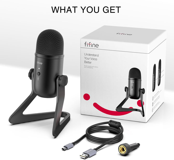 FIFINE USB Podcast Microphone for Recording Streaming, Condenser Computer Gaming Mic for PC Mac, Headphone Output&Volume Control, Mic Gain Control, Mute Button for Vocal, Youtube (K678)