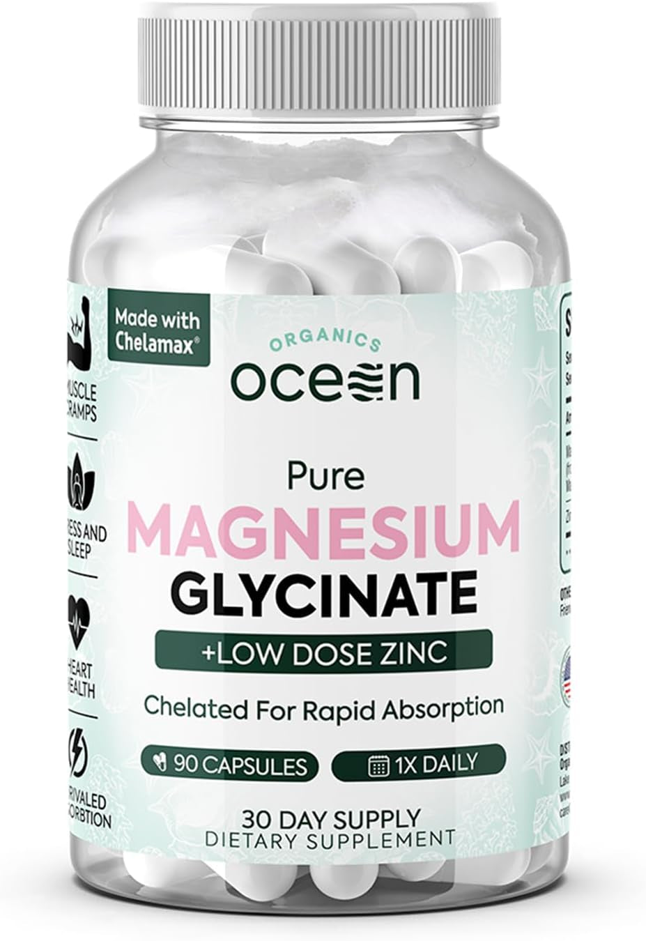 Pure Magnesium Glycinate with Zinc - Maximum Strength Chelated Magnesium Supplement for Women and Men for Muscle Cramps and Sleep Support - 90 Capsules