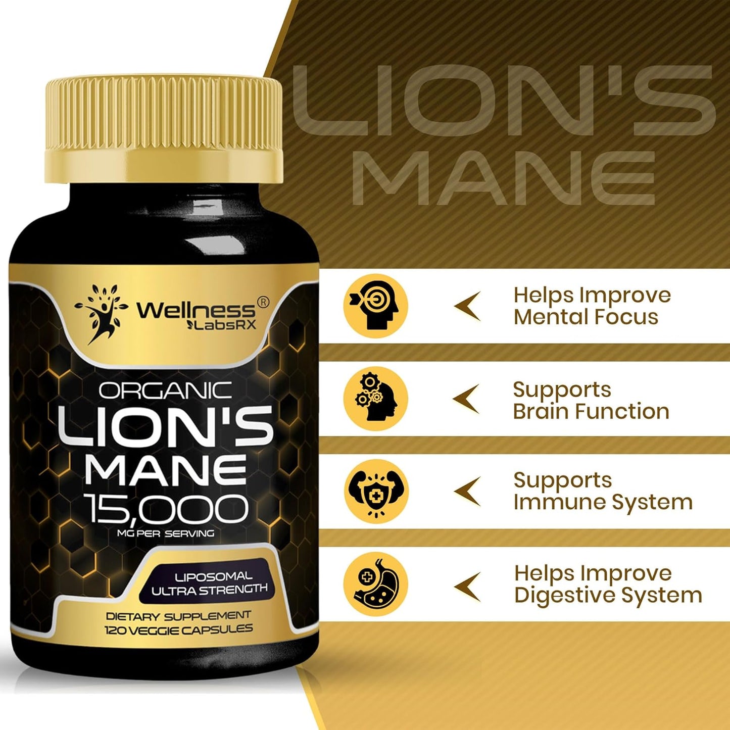 Lions Mane Supplement Capsules - 120 Count - Mushroom Supplement, Brain Supplements for Memory and Focus, Lion'S Mane Mushroom Capsules Organic - Cognitive and Immune Support, Focus Supplement