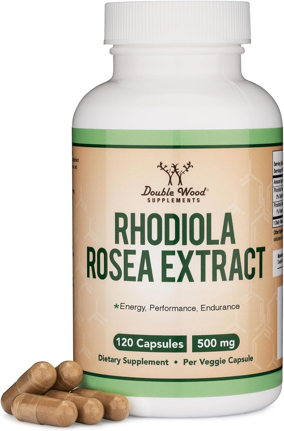 Rhodiola Rosea Supplement 500Mg, 120 Vegan Capsules (Third Party Test, Gluten Free, 3% Salidrosides, 1% Rosavins Extract) for Performance, Calming, Motivation by Double Wood