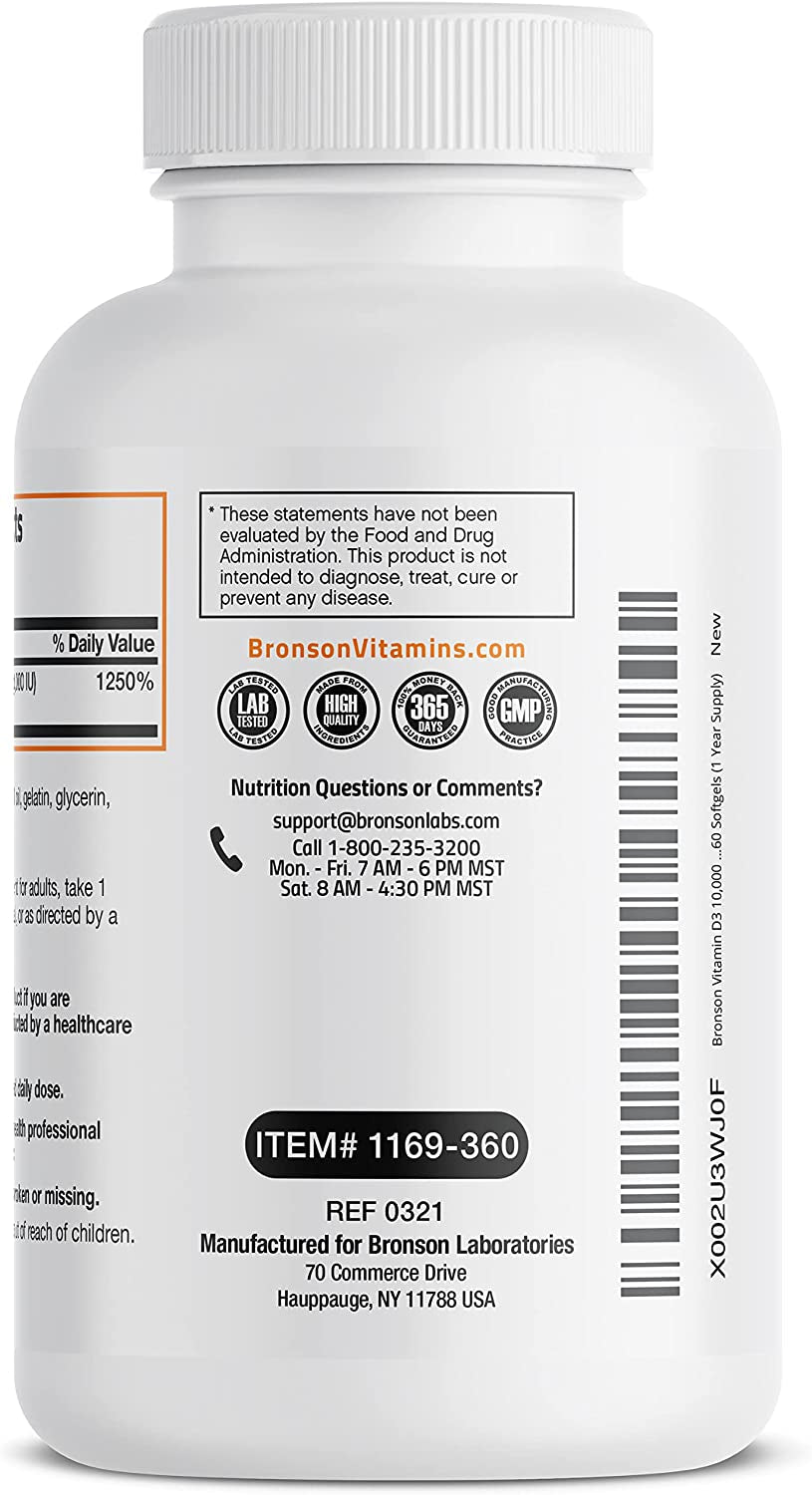 Bronson Vitamin D3 10,000 IU (250 Mcg) High Potency - Supports Healthy Immune System, Strong Bones, Muscles & Teeth - Non GMO, 360 Softgels (1 Year Supply)