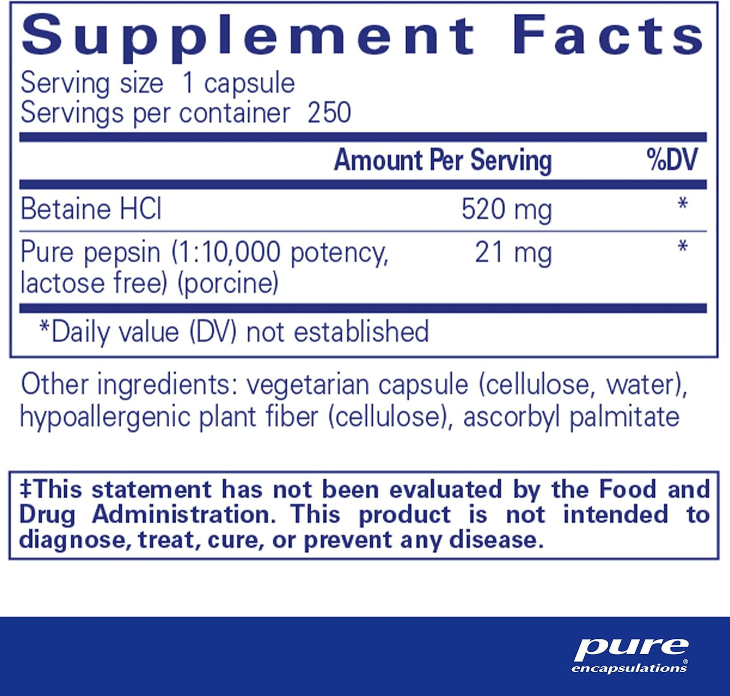 Pure Encapsulations Betaine Hcl Pepsin - Digestive Enzymes Supplement for Digestion Aid & Support, Stomach Acid & Nutrient Absorption* - with Betaine Hcl Pepsin - 250 Capsules