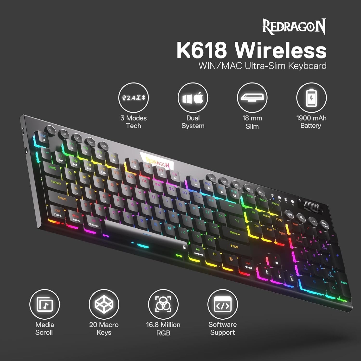 Redragon K618 PRO 3-Mode Wireless RGB Mechanical Keyboard, Bt/2.4Ghz/Wired Low Profile Win/Mac Gaming Keyboard W/Ultra-Thin Design, Dedicated Media Control & Linear Red Switch