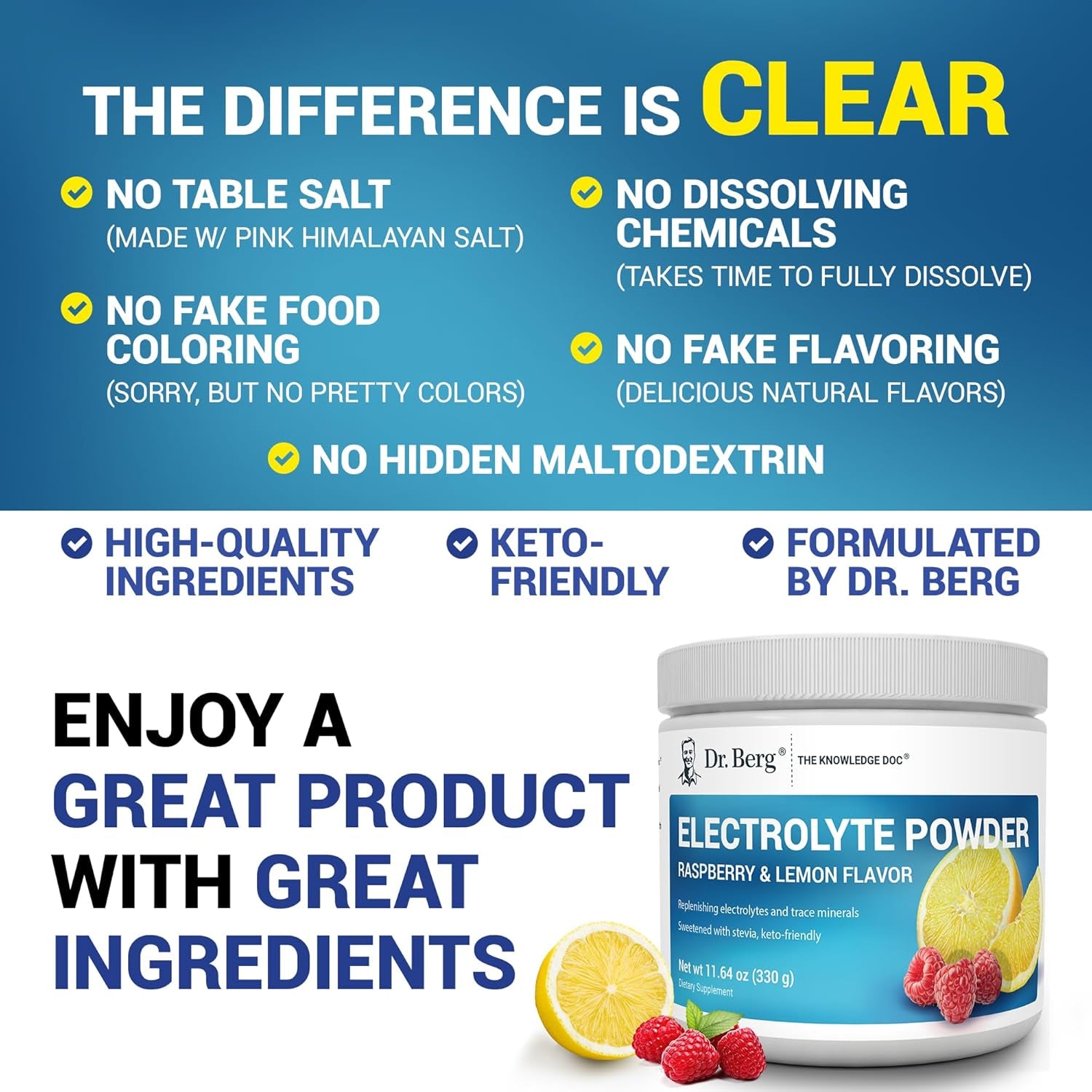 Dr. Berg Zero Sugar Hydration Keto Electrolyte Powder - Enhanced W/ 1000 Mg of Potassium & Real Pink Himalayan Salt (NOT Table Salt) - Raspberry & Lemon Flavor Hydration Drink Supplement - 50 Servings