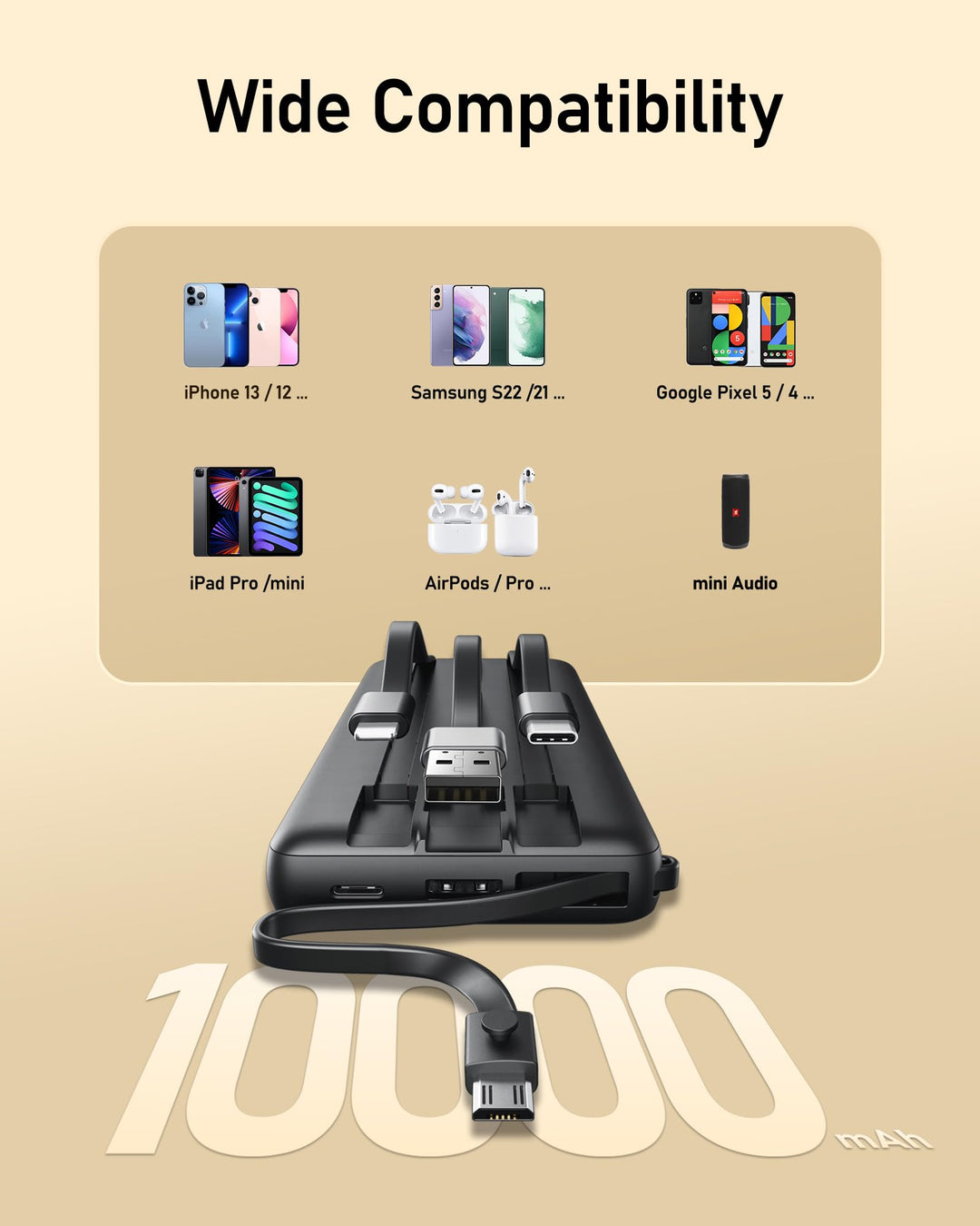 VEEKOMTX Power Bank 10000 mAh con cables integrados y carga rápida USB-C