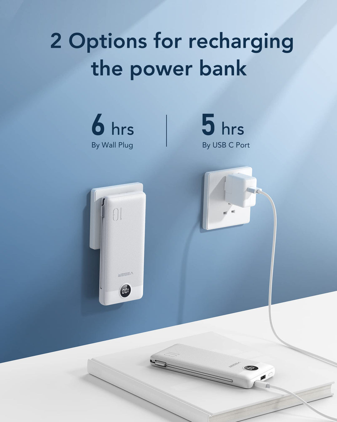 VEGER Power Bank 10000 mAh con cables integrados y enchufe de pared