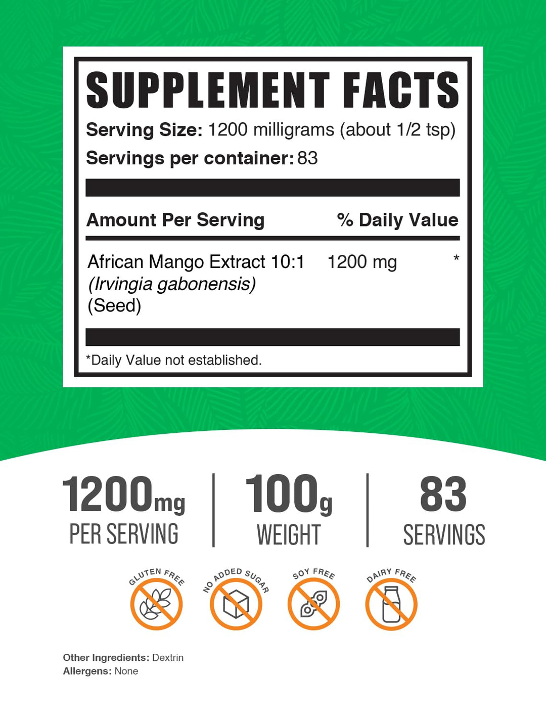 Extracto Mango Africano BulkSupplements 10:1 - 100 g en polvo