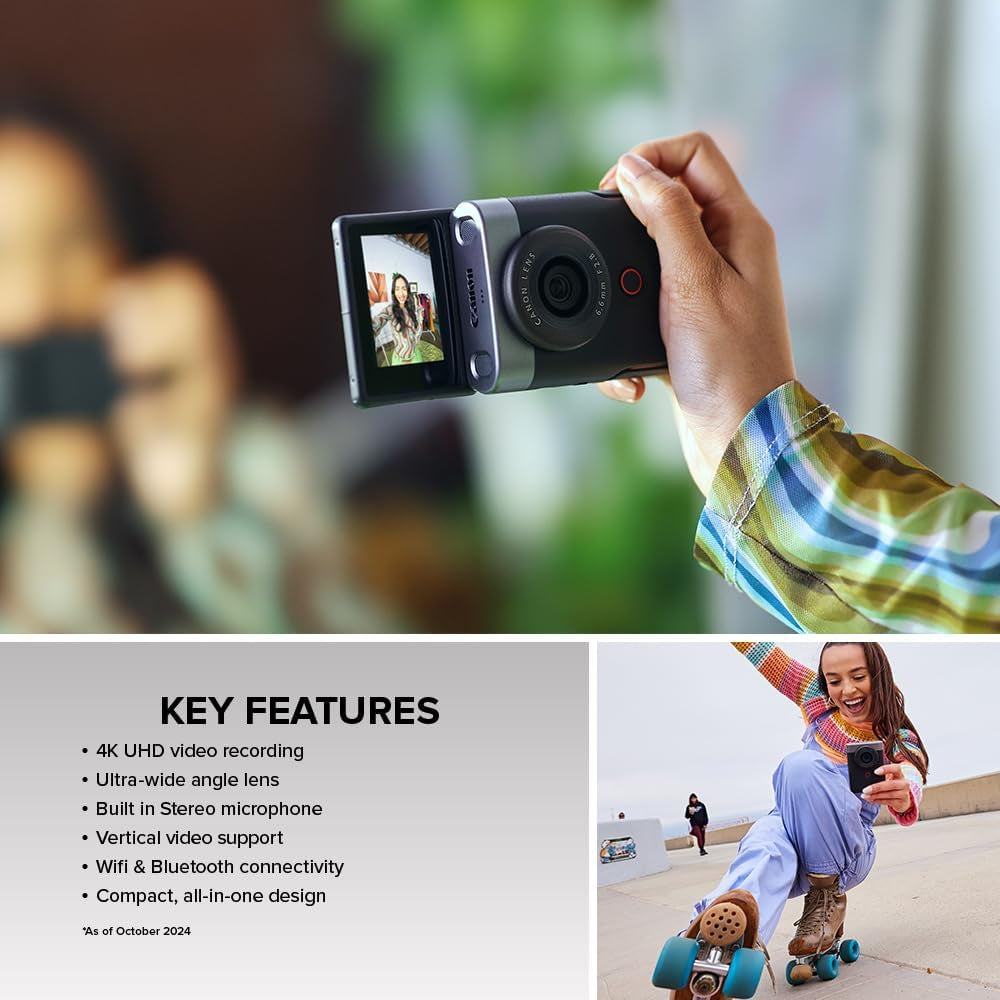Canon Powershot V10 Camera, Content Creator Compact Vlogging Camera, Fixed 19Mm Wide-Angle Lens, 4K Video, Face Detection, Built-In Microphone, Live Streaming, Built-In Stand, Black