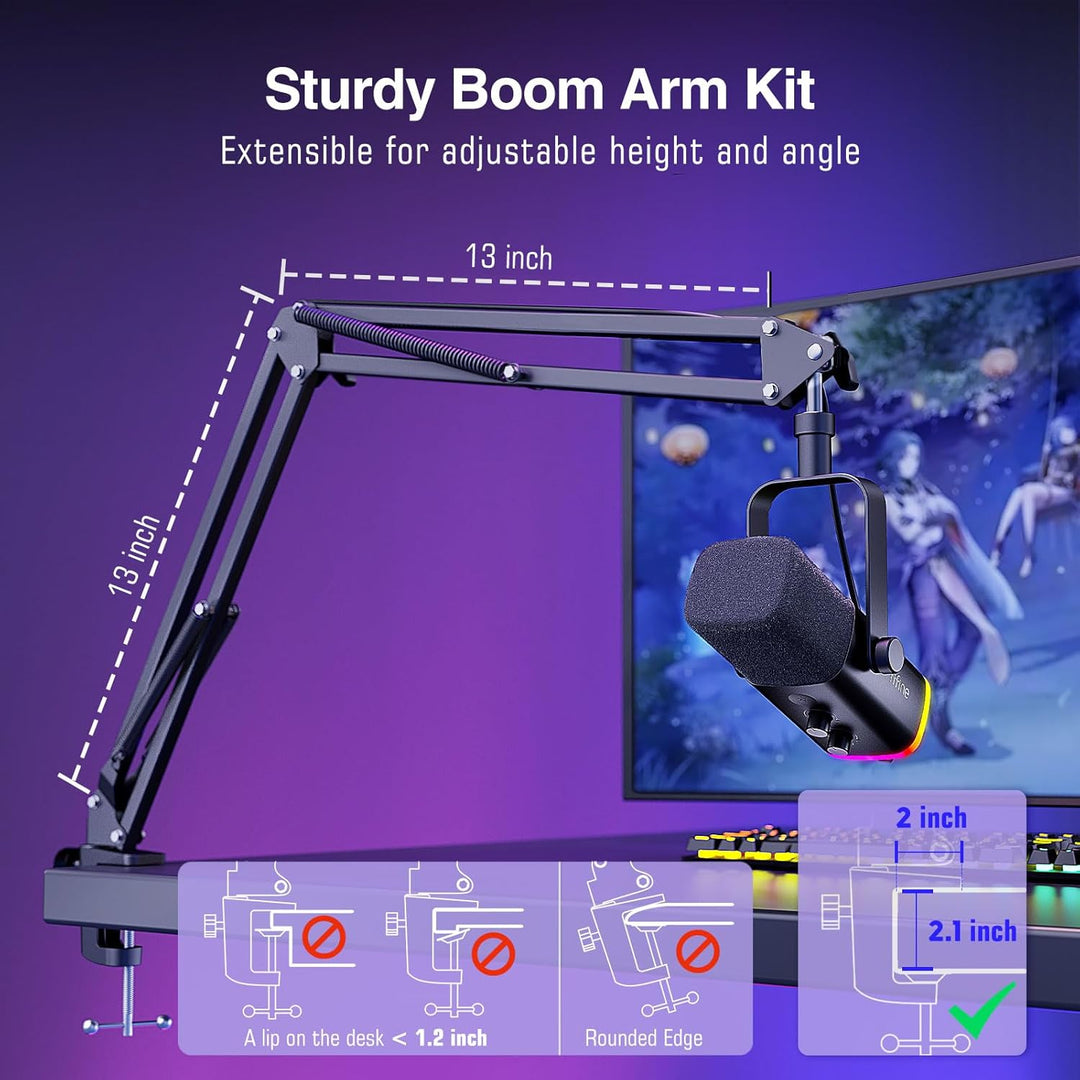FIFINE Dynamic Gaming Mic and Microphone Arm Stand Kit, PC Computer Streaming Mic with RGB Light, Mute Button, Suspension Boom Scissor Mic Stand Bundle for Recording, Podcast, Voice-Over (AM8+CS1)