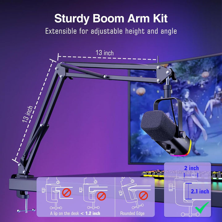FIFINE Dynamic Gaming Mic and Microphone Arm Stand Kit, PC Computer Streaming Mic with RGB Light, Mute Button, Suspension Boom Scissor Mic Stand Bundle for Recording, Podcast, Voice-Over (AM8+CS1)