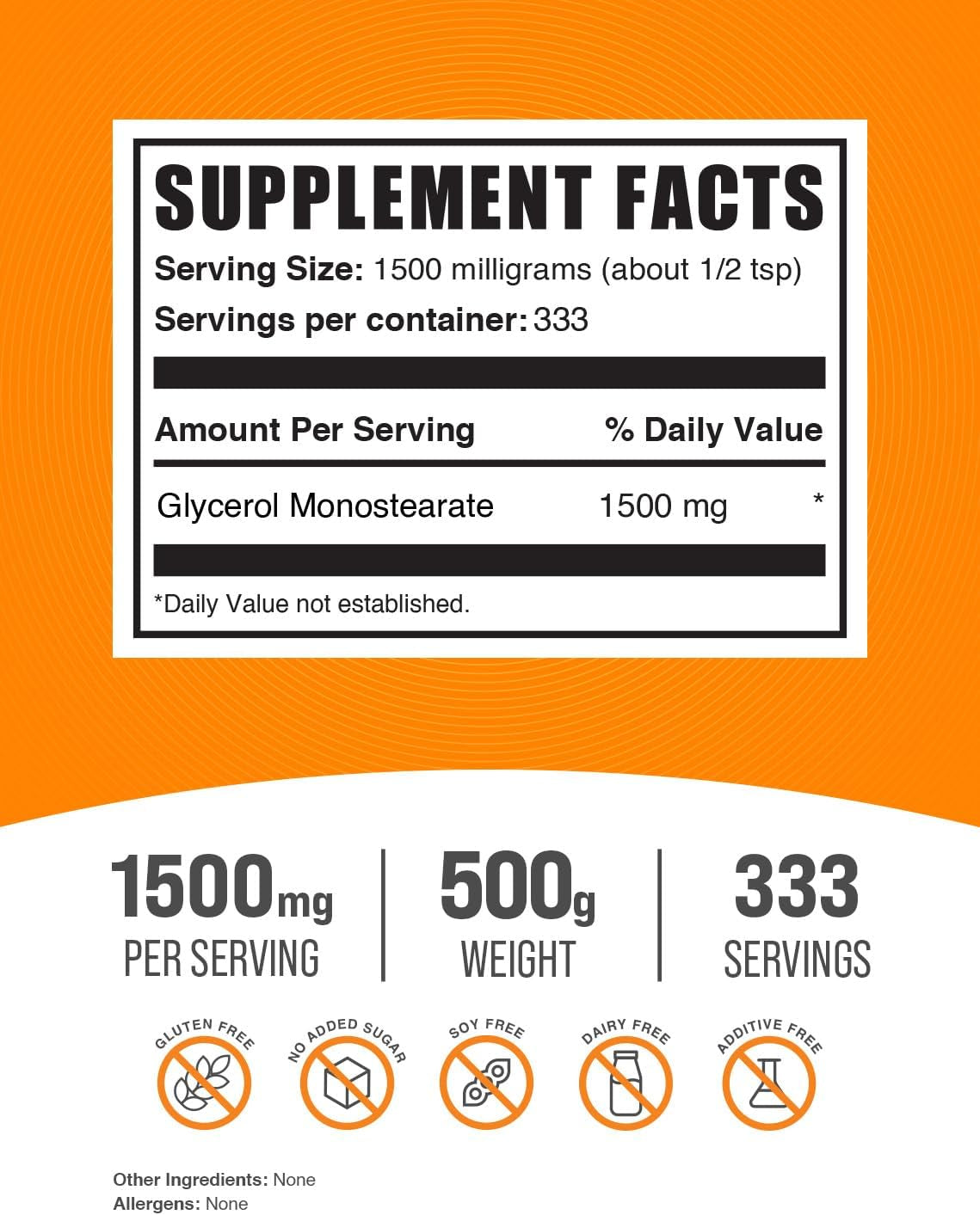 Bulksupplements.Com Glycerol Monostearate Powder - Glycerol Powder, Glycerol Supplement, Energy Source - Food Grade, Gluten Free, 1500Mg per Serving, 500G (1.1 Lbs) (Pack of 1)