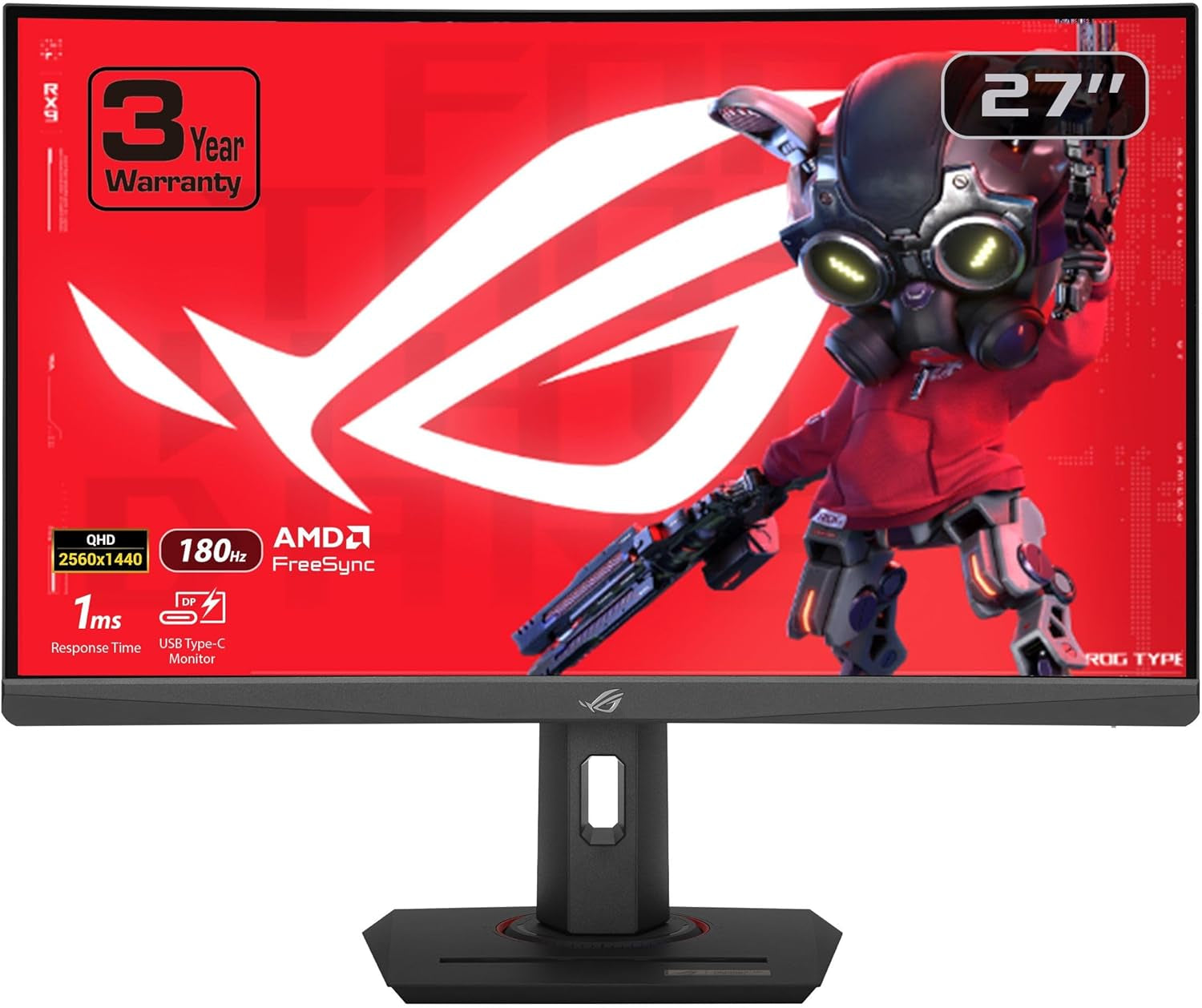 ASUS ROG Strix 27” 1440P HDR400 USB-C Curved Gaming Monitor (XG27WCS) - QHD (2560 X 1440), 180Hz, 1Ms, Fast VA, 125% Srgb, DCI-P3 95%, ELMB Sync, Freesync, Displaywidget, Tripod Socket, 3Yr Warranty