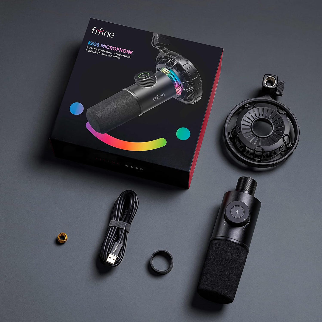 FIFINE USB Gaming Microphone, RGB Dynamic Mic for PC, with Tap-To-Mute Button, Plug & Play Cardioid Mic with Headphone Jack for Streaming, Podcast, Twitch, Youtube, Discord- K658