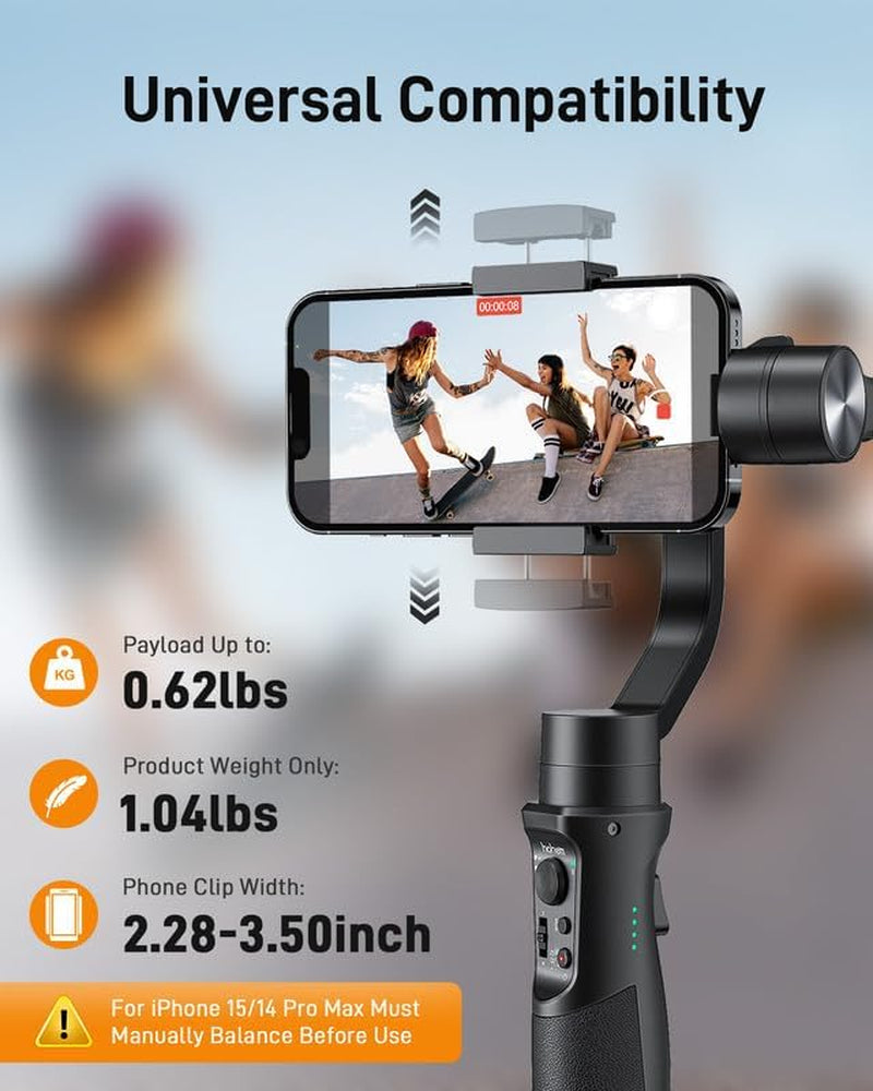 Hohem Isteady Mobile plus Gimbal Stabilizer for Smartphone, 3-Axis Phone Gimbal for Android and Iphone 15,14,13,12 PRO, Stabilizer for Video Recording with Ultra-Wide-Angle Mode, 600° Inception