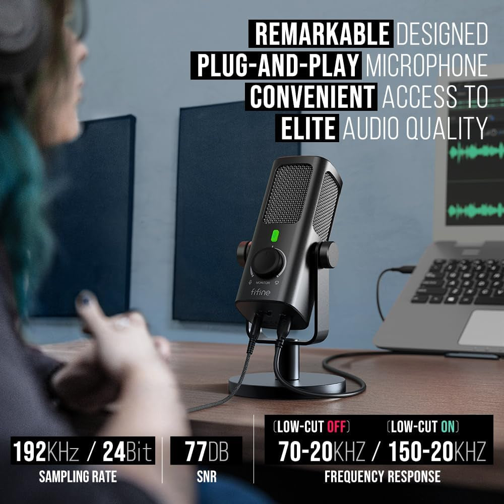 FIFINE Usb-Podcast-Condenser-Microphone for Studio-Recording/Computer-Streaming, Desktop-Metal-Mic for Youtube Music Vocal Creation, with Monitor-Mix Volume-Control, Low-Cut Switch (PROFILE3)