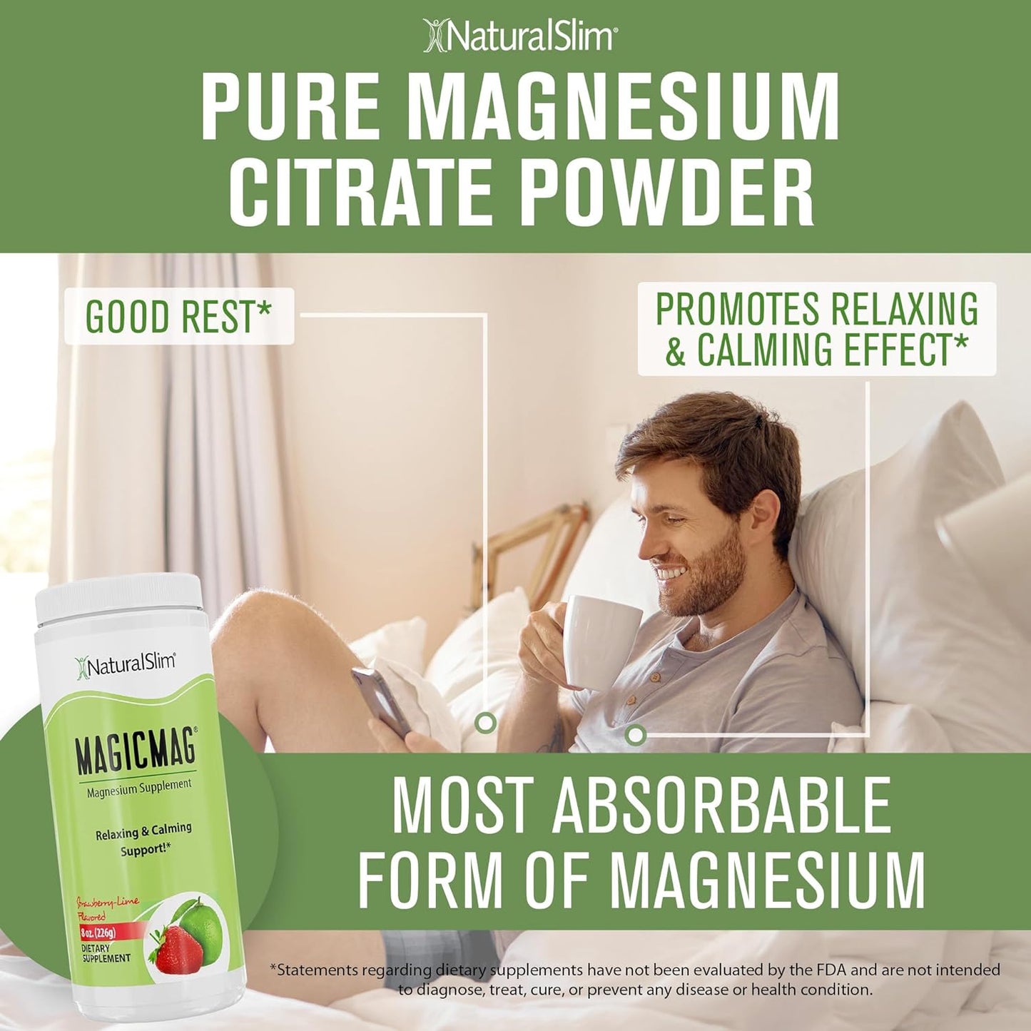 Naturalslim Magicmag Pure Magnesium Citrate Powder – Stress, Constipation, Muscle, Heart Health, and Sleep Support | Natural Strawberry & Lime Flavored Magnesium Supplement - 8Oz Drink Mix (Solo)