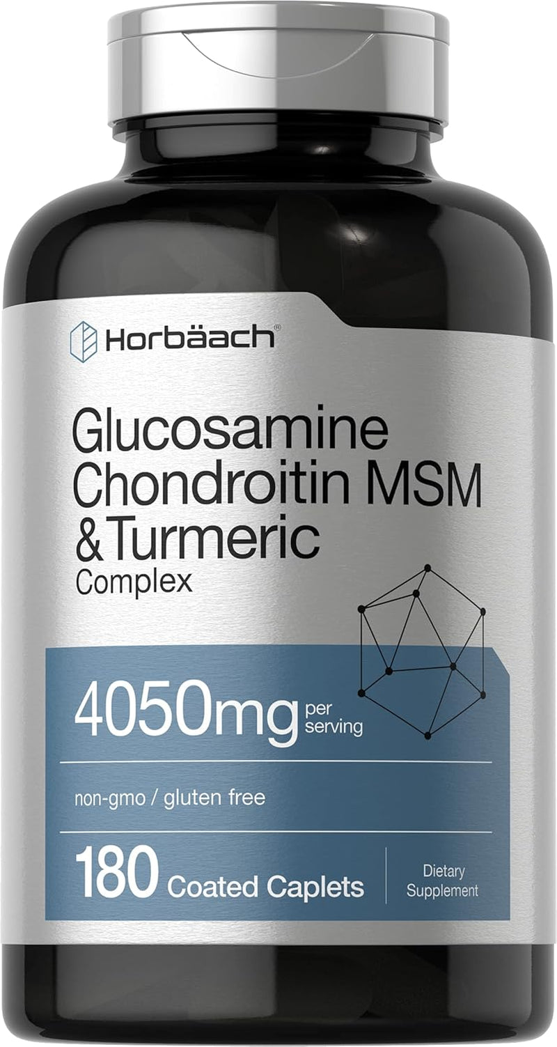 Horbäach Glucosamine Chondroitin with Turmeric & MSM | 4050 Mg | 180 Caplets | Triple Strength Formula | Non-Gmo, Gluten Free