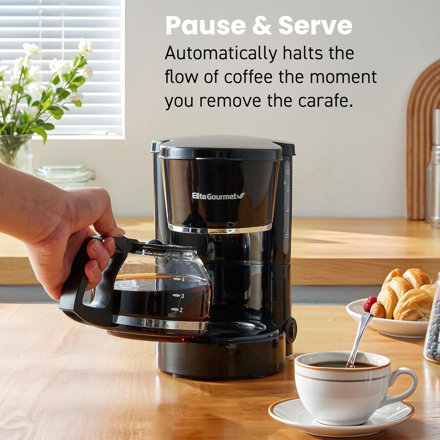 Elite Gourmet EHC-5055# Automatic Brew & Drip Coffee Maker with Pause N Serve Reusable Filter, On/Off Switch, Water Level Indicator, Black