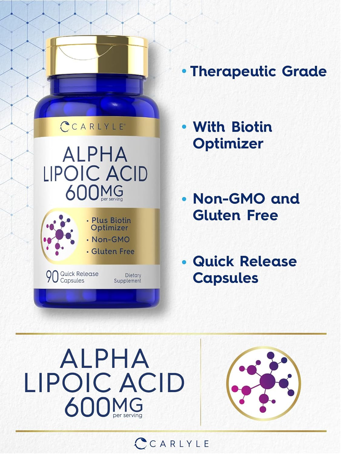 Carlyle Alpha Lipoic Acid 600Mg | plus Biotin Optimizer | 90 Capsules | Non-Gmo & Gluten Free Supplement