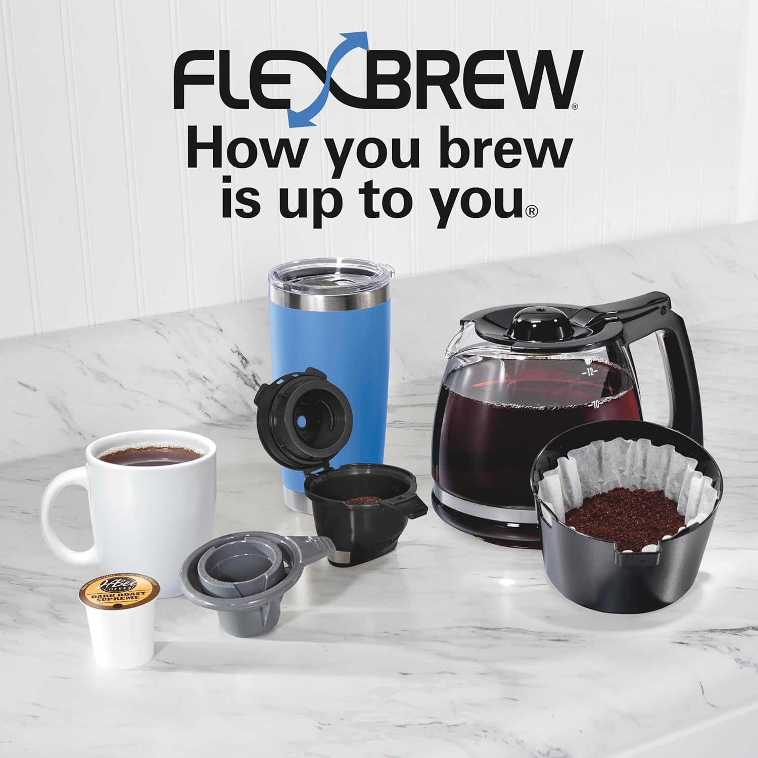 Hamilton Beach Flexbrew Trio 2-Way Coffee Maker, Compatible with K-Cup Pods or Grounds, Combo, Single Serve & Full 12C Pot, Black - Fast Brewing (49902)