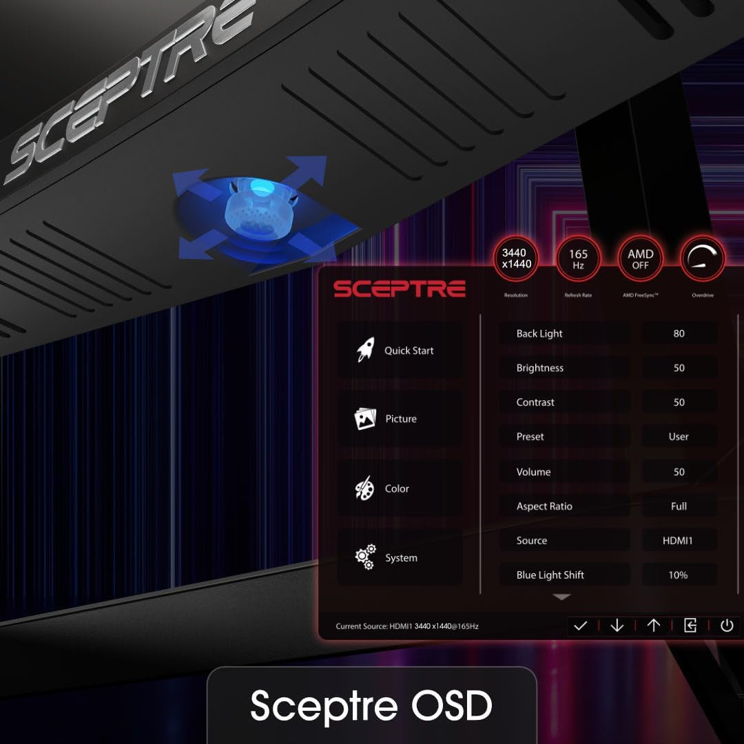 Sceptre 34-Inch Curved Ultrawide WQHD Monitor 3440 X 1440 R1500 up to 165Hz Displayport X2 99% Srgb 1Ms Picture by Picture, Machine Black 2023 (C345B-QUT168)