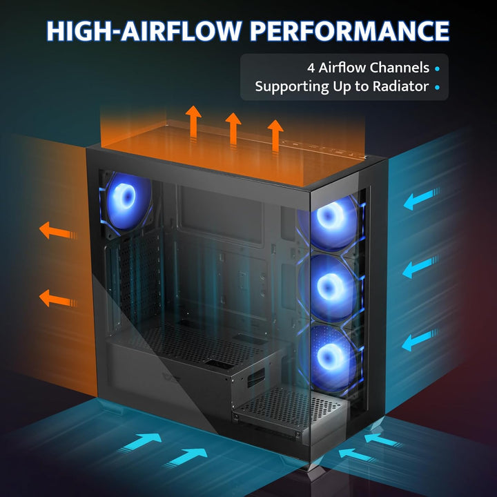 Darkflash ATX Mid-Tower PC Case, Pre-Install 4 PWM ARGB Fans Computer Case, Full View Dual Tempered Glass Gaming PC Case, Type C Port, Supports up to 360Mm Water Cooling Radiator, Black(Ds900)