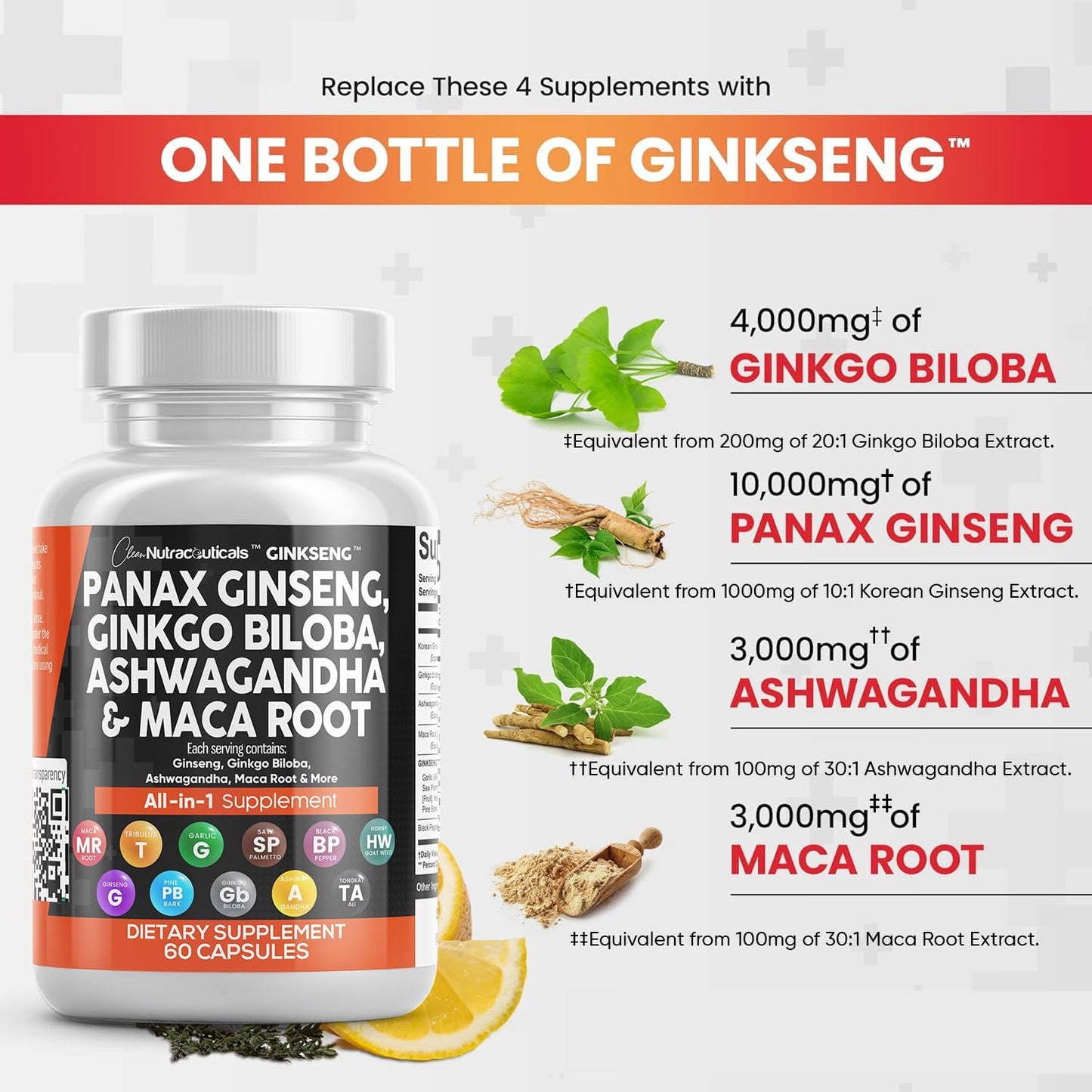 Clean Nutraceuticals Panax Ginseng 10000Mg Ginkgo Biloba 4000Mg Ashwagandha Maca Root 3000Mg - Focus Supplement Pills for Women and Men with Pine Bark Extract, Garlic, and Saw Palmetto - 60 Caps