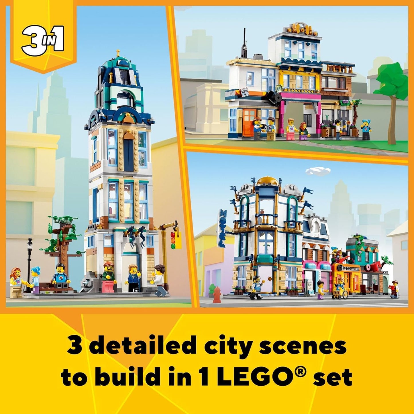 LEGO Creator Main Street 31141 Building Toy Set, 3 in 1 Features a Toy City Art Deco Building, Market Street Hotel, Café Music Store and 6 Minifigures, Endless Play Possibilities for Boys and Girls