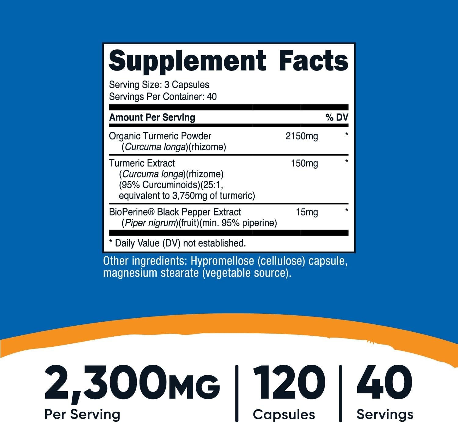 Nutricost Turmeric Curcumin with Bioperine and 95% Curcuminoids, 2300Mg, 120 Capsules, Veggie Capsules, 767Mg per Cap, 40 Servings, Gluten Free, Non-Gmo