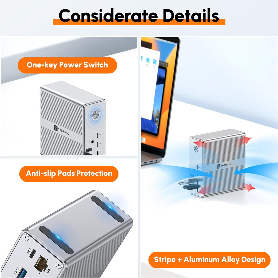 Tobenone Displaylink Docking Station Triple Monitor with 120W Power Adapter, Triple 4K Display for Macbook Pro/Air, Thunderbolt 4/3, USB-C Windows(3X HDMI, 3X Displayport, 2Xusb-C, 4Xusb 3.2, SD/TF) 3