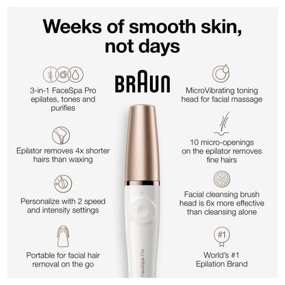 Braun Face Epilator Facespa Pro 911, Facial Hair Removal for Women, Hair Removal Device, 3-In-1 Epilating, Cleansing Brush and Skin Toning with 3 Extras