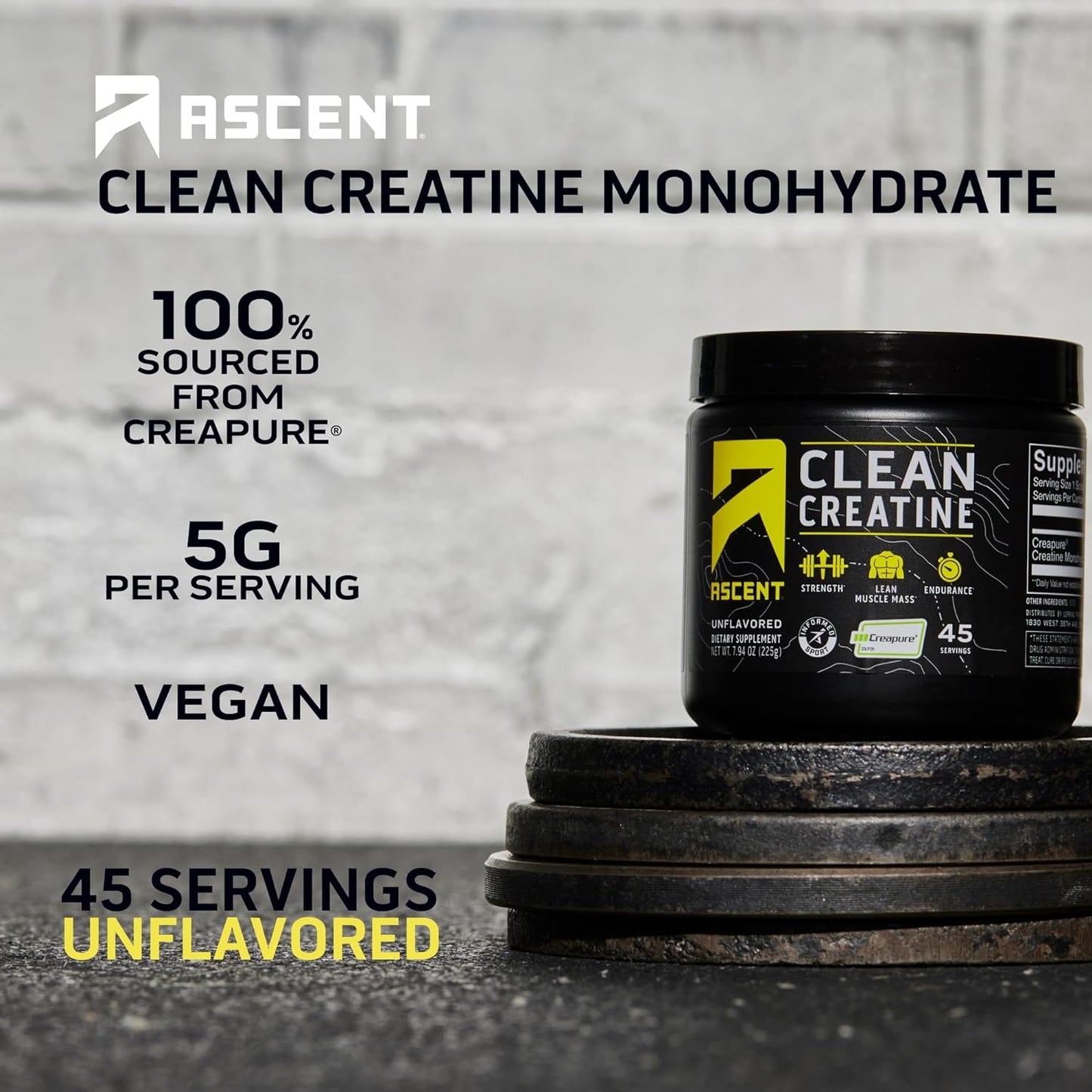 Ascent Clean Creatine Monohydrate Powder - 5G per Serving, Creapure Creatine Supplement - Unflavored, 45 Servings