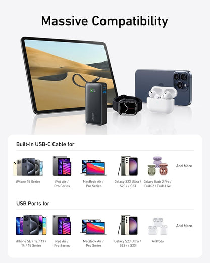 Anker Nano Power Bank, 10,000Mah Portable Charger with Built-In USB-C Cable, 30W Max Output, for Iphone 16/15 Series, Macbook, Airpods, and More