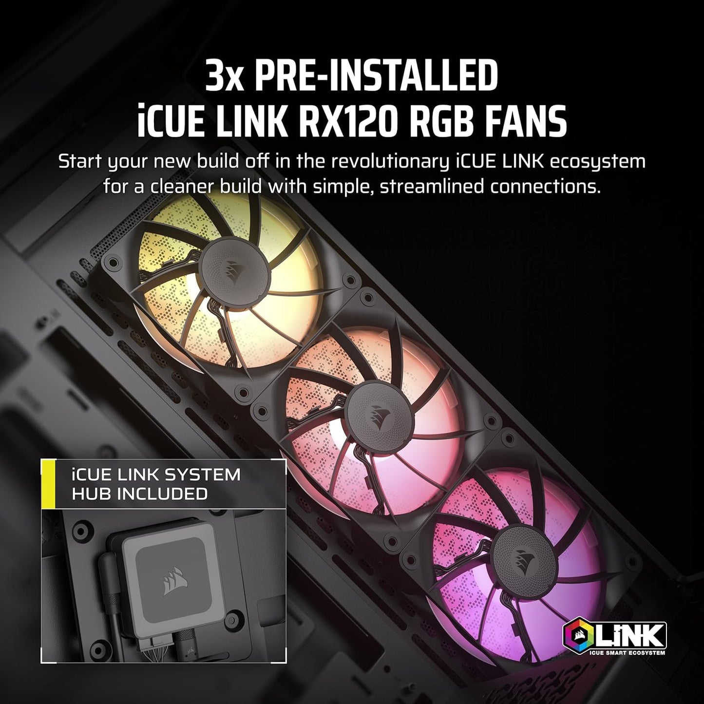 CORSAIR Icue Link 3500X RGB Mid-Tower ATX PC Case – Panoramic Tempered Glass – Reverse Connection Motherboard Compatible – 3X CORSAIR Icue Link RX120 RGB Fans Included – Black