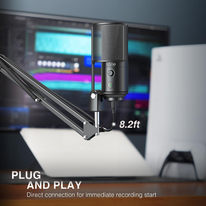 FIFINE USB Podcast Microphone, PC Computer Condenser Microphone Plug & Play Mic Kit with Boom Arm Stand, 16MM Large Diaphragm, Mute Button for Recording Singing Streaming Youtube Gaming-T669Pro1