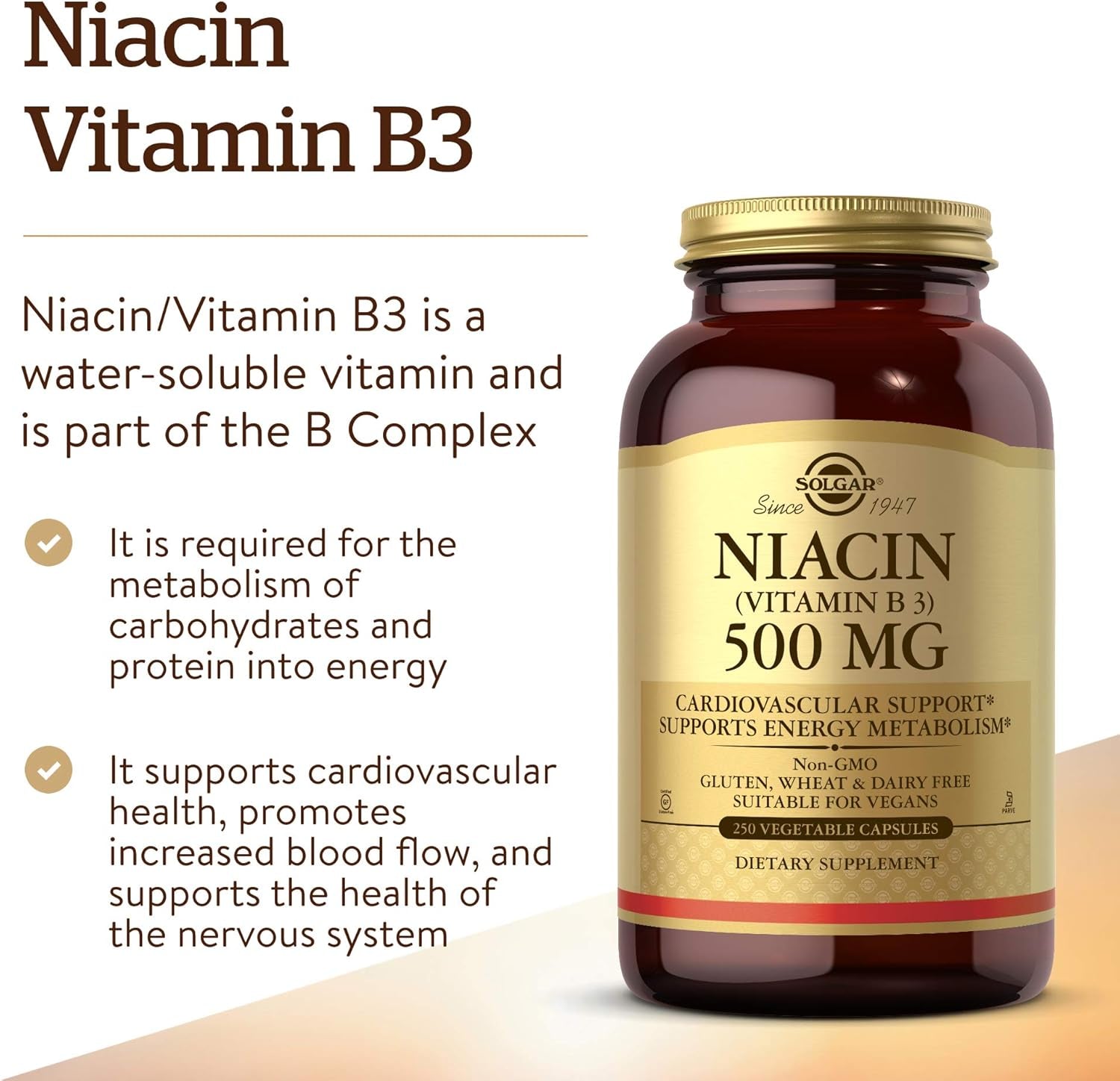 Solgar Niacin (Vitamin B3) 500 Mg, 250 Vegetable Capsules - Cardiovascular Support - Energy Metabolism - Non-Gmo, Vegan, Gluten Free, Dairy Free, Kosher - 250 Servings