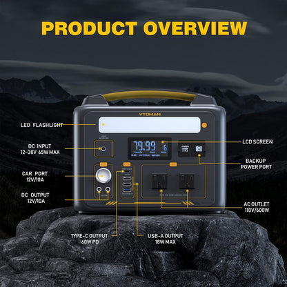 VTOMAN 600W Portable Power Station, LFP Battery Powered Generator with 2X 600W AC Outlets (Surge 1200W), 4X USB Ports, 3X DC Output for Outdoor Camping, Vehicle Emergency, Electric Backup