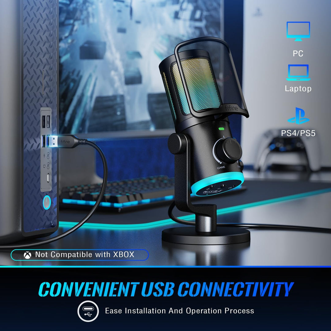 FIFINE Gaming PC Microphone, USB Streaming Microphone with Game Chat Balance, Computer Condenser Desktop RGB Mic with Mute Button, Noise Cancellation for Podcast/Twitch/Discord-Ampligame AM6
