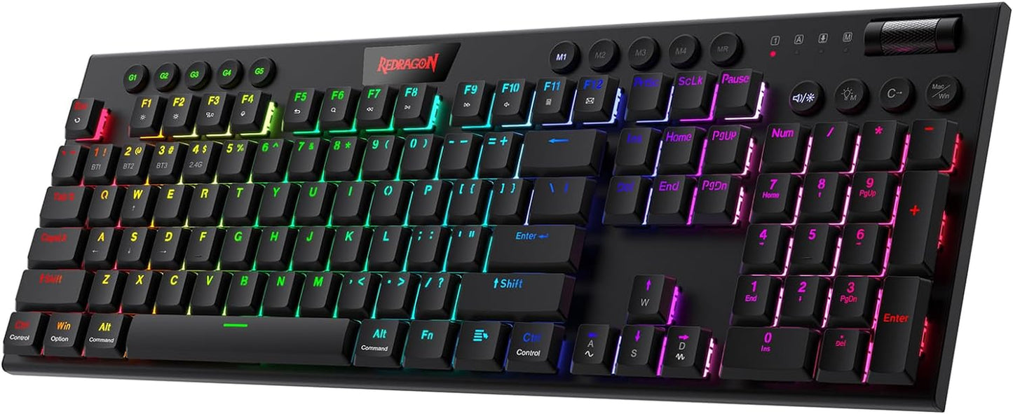 Redragon K618 PRO 3-Mode Wireless RGB Mechanical Keyboard, Bt/2.4Ghz/Wired Low Profile Win/Mac Gaming Keyboard W/Ultra-Thin Design, Dedicated Media Control & Linear Red Switch