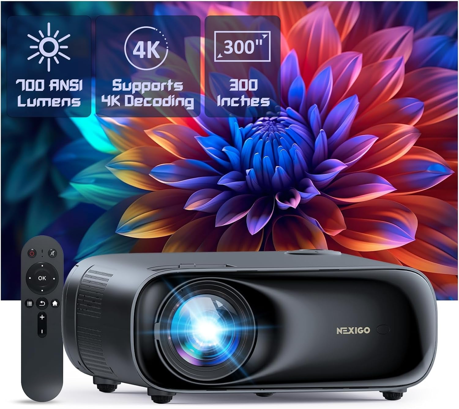 Nexigo PJ40 (Gen 3) Projector with Wifi and Bluetooth, D65 Calibrated, Native 1080P, 4K Supported, Projector for Outdoor Movies, 20W Speakers, Home Theater, Compatible W/Tv Stick, Ios, Android