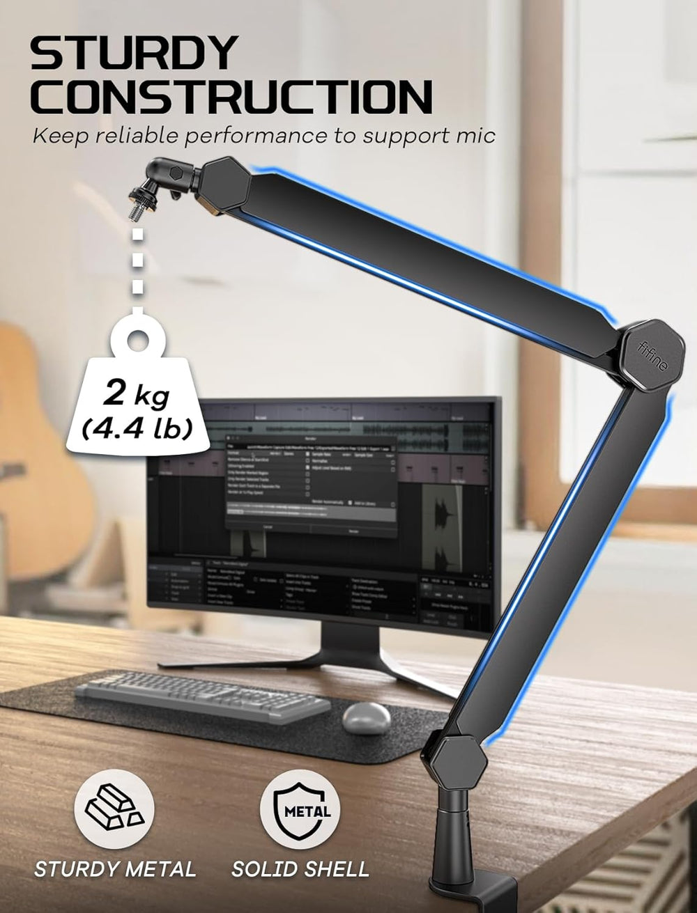 FIFINE Mic Arm Stand, Microphone Boom Arm with Desk Clamp, Cable Channels, 3/8" to 5/8" Threads, Heavy Metal Microphone Stand for Podcast, Vocal Recording, Gaming-Bm66 Black